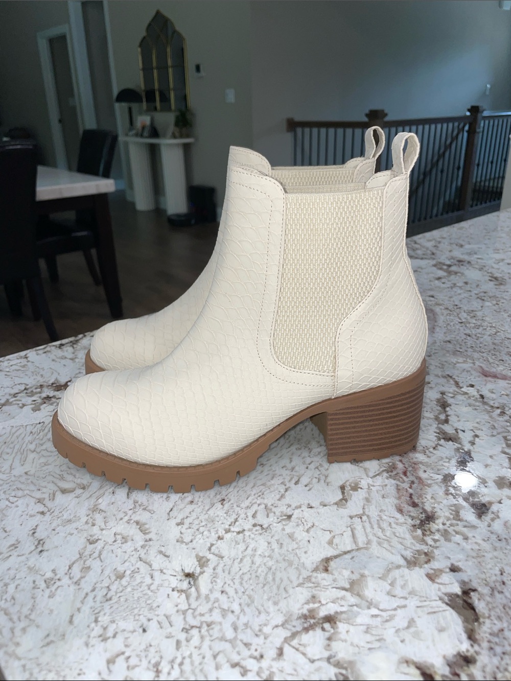 MIA Cream Textured Chelsea Boot with Tan Block Heel